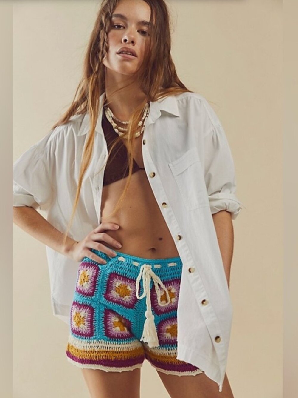 FLOOK X FREE PEOPLE Sunday Crochet Shorts Multicolored Drawstring Women's S